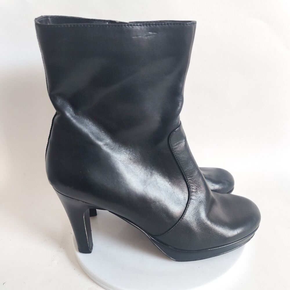 Nine West Ultimate‎ Black Mid-Calf Leather Boots 4" Stacked High Heel Office 7.5